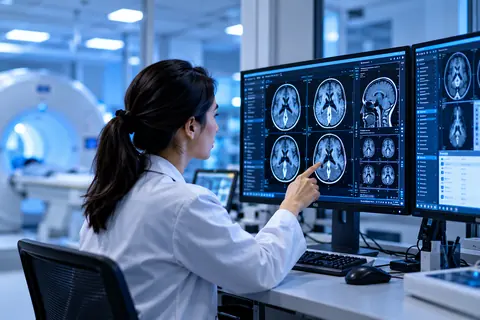 Clinician reviewing MRI scans at a medical imaging workstation