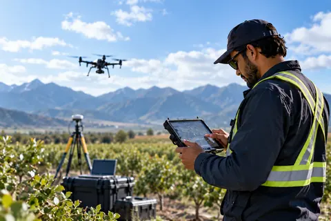 Real-world field data collection specialist with drone and tablet